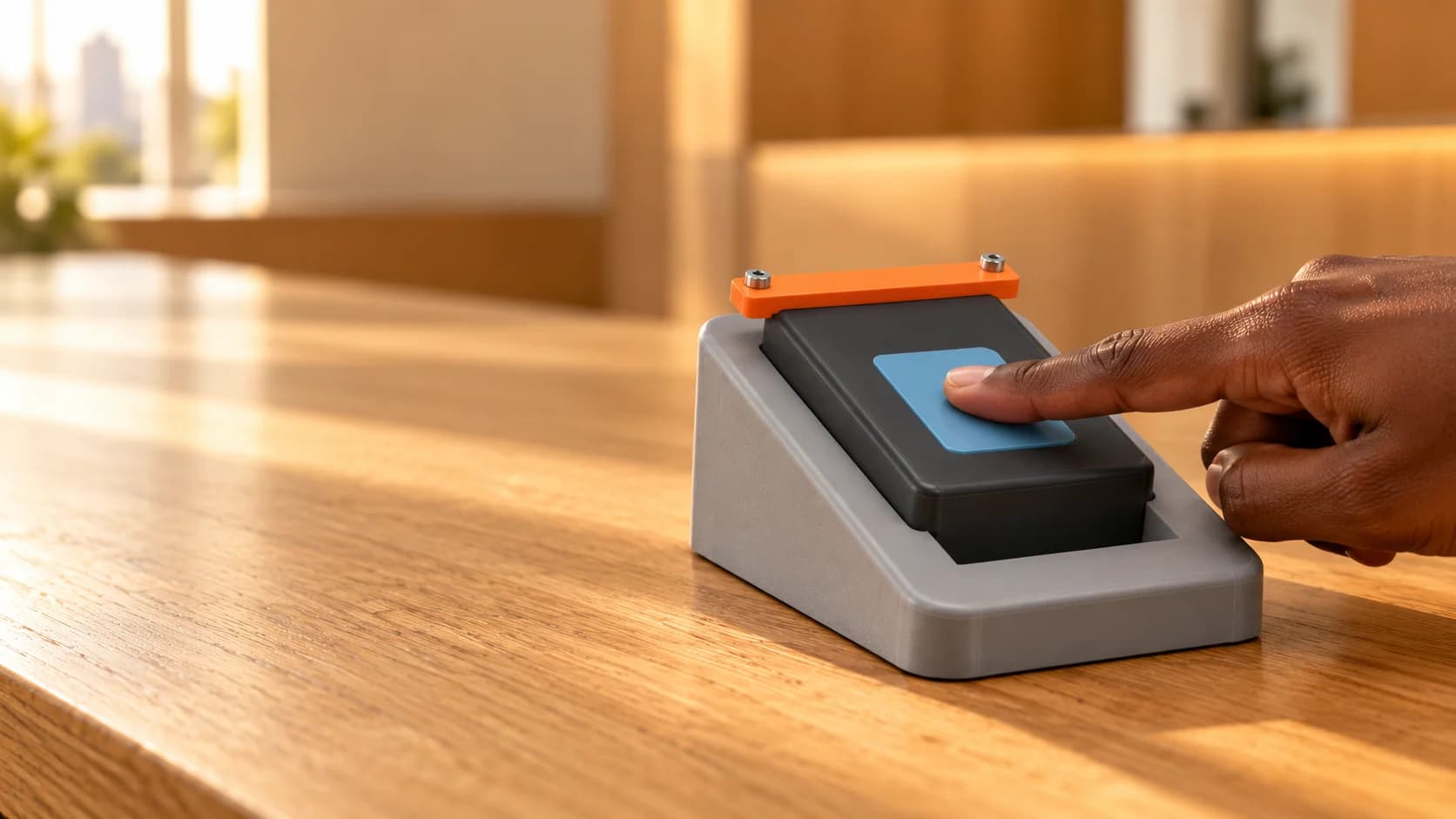 Alef's biometric scanner holder on a service counter, with a fingertip on the scanner