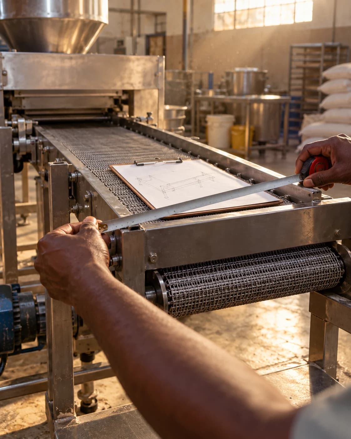 Hands measuring an existing conveyor during a site visit